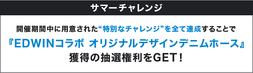 サマーチャレンジ 開催期間中に用意された"特別なチャレンジ"を全て達成することで『EDWINコラボオリジナルデザインデニムホース』獲得の抽選権利をGET！