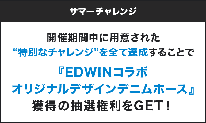 サマーチャレンジ 開催期間中に用意された"特別なチャレンジ"を全て達成することで『EDWINコラボオリジナルデザインデニムホース』獲得の抽選権利をGET！