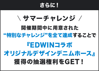 さらに！ サマーチャレンジ 開催期間中に用意された“特別なチャレンジ”を全て達成することで『EDWINコラボオリジナルデザインデニムホース』獲得の抽選権利をGET！