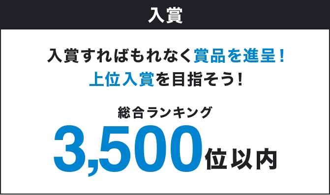 入賞 入賞すればもれなく賞品を進呈！上位入賞を目指そう！総合ランキング3,500位以内