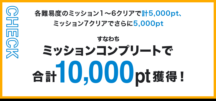 CHECK 各難易度のミッション1～6クリアで計5,000pt、ミッション7クリアでさらに5,000pt すなわちミッションコンプリートで合計10,000pt獲得！