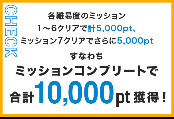 CHECK 各難易度のミッション1～6クリアで計5,000pt、ミッション7クリアでさらに5,000pt すなわちミッションコンプリートで合計10,000pt獲得！