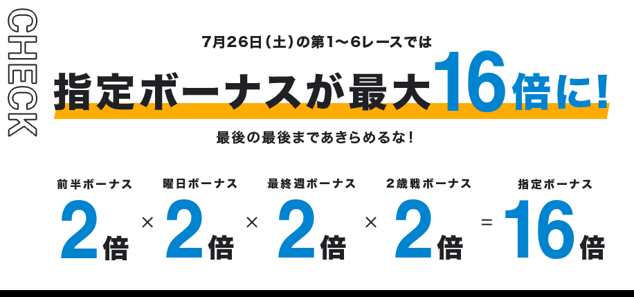 CHECK 7月26日（土）の第1〜6レースでは指定ボーナスが最大16倍に!最後の最後まであきらめるな！ 前半ボーナス2倍 × 曜日ボーナス2倍 × 最終週ボーナス2倍 × 2歳戦ボーナス2倍 = 指定ボーナス16倍