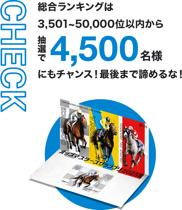 CHECK 総合ランキングは3,501~50,000位以内から抽選で4,500名様にもチャンス！最後まで諦めるな！
