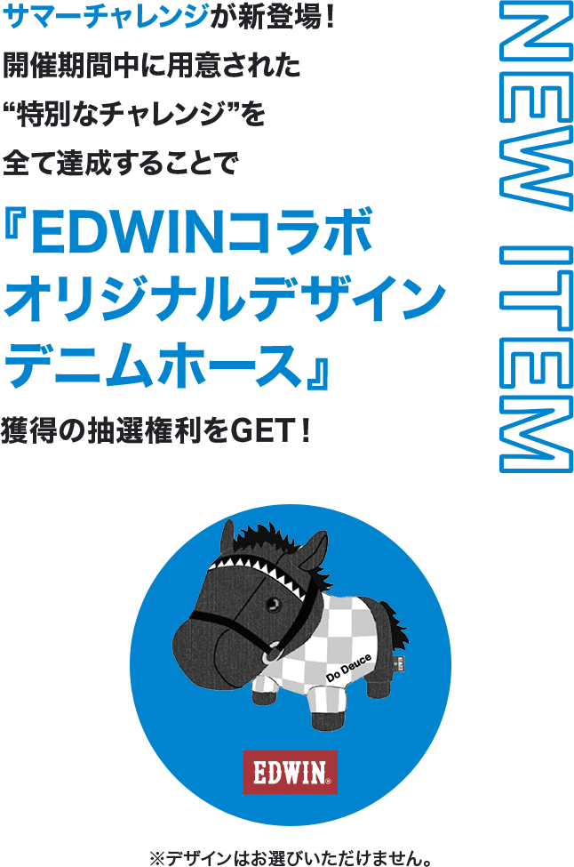NEW ITEM サマーチャレンジが新登場！開催期間中に用意された“特別なチャレンジ”を全て達成することで『EDWINコラボオリジナルデザインデニムホース』獲得の抽選権利をGET！ ※デザインはお選びいただけません。